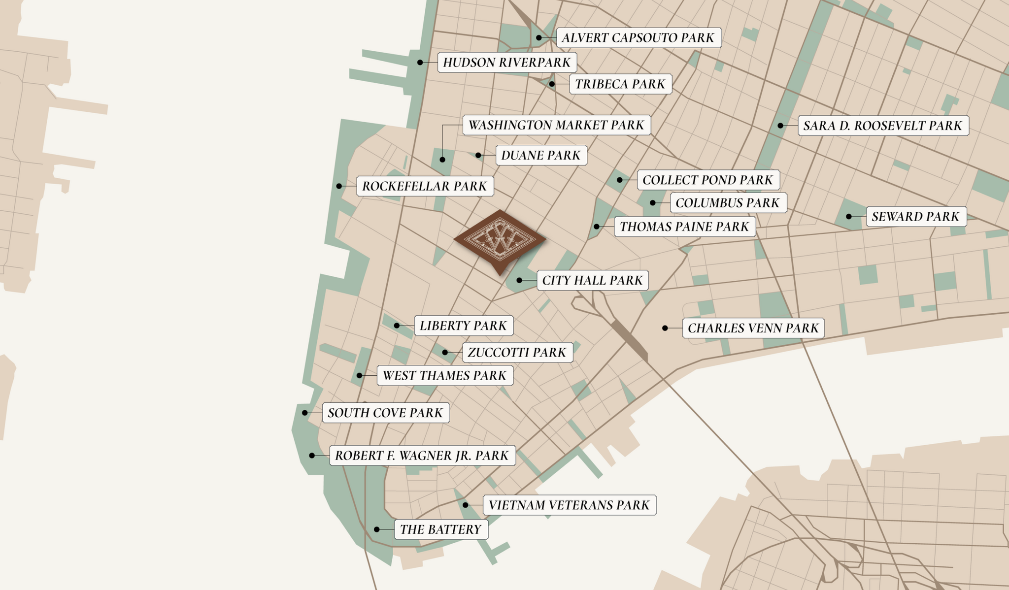 Map of parks and green space around the Woolworth Building, from City Hall Park south to The Battery