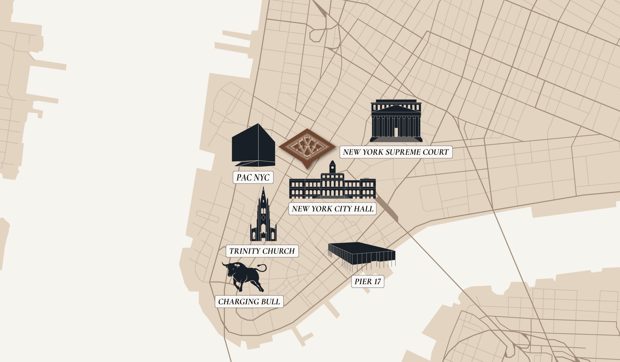 Map of Lower Manhattan landmarks near the Woolworth Building, including City Hall, Trinity Church, PAC NYC and Pier 17