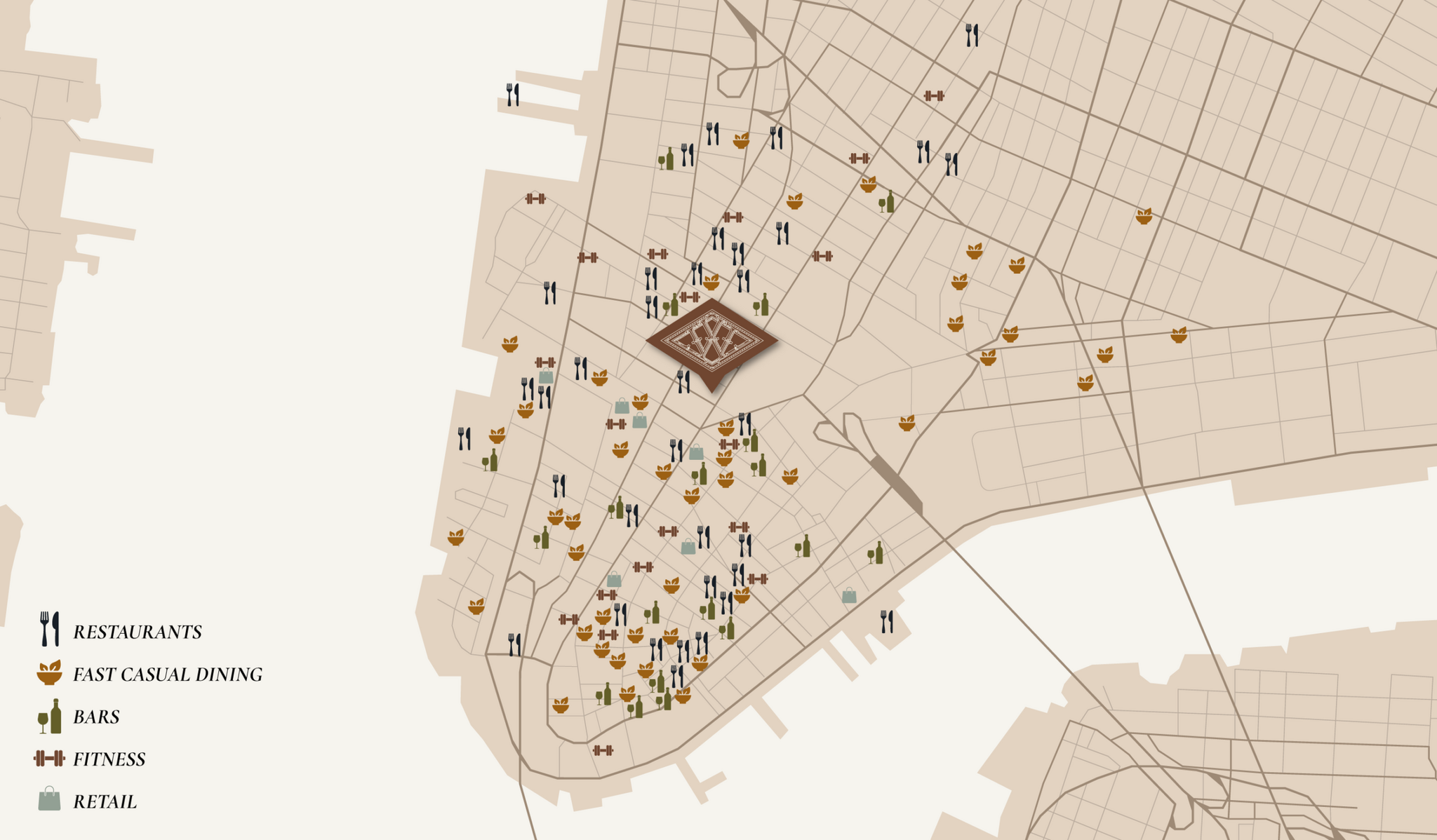 Map of restaurants, bars, fitness studios and retail surrounding the Woolworth Building