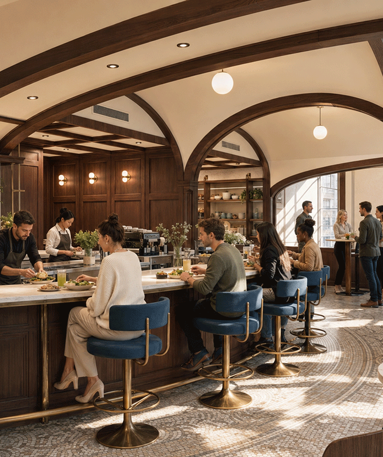 Rendering of the Woolworth lobby cafe and wine bar