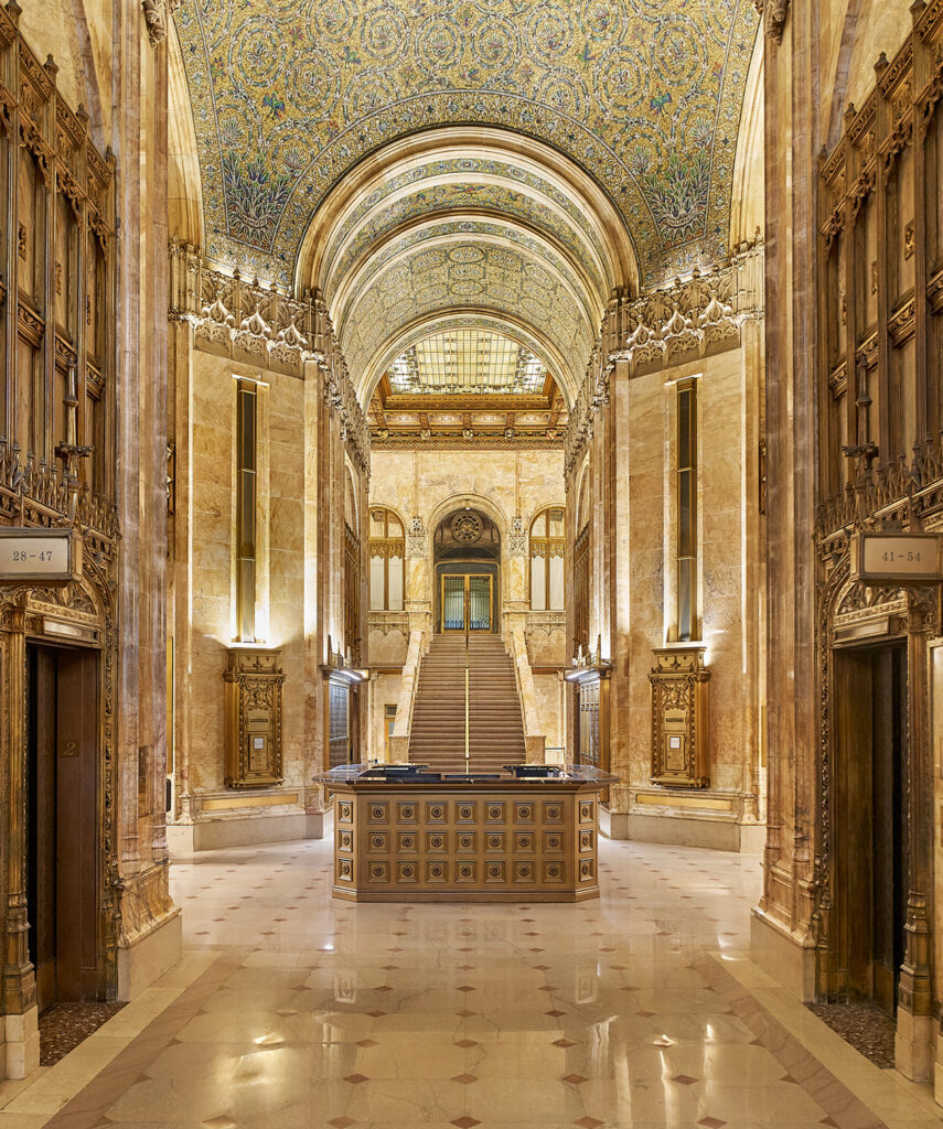Ornate Woolworth Building lobby with its central reception desk