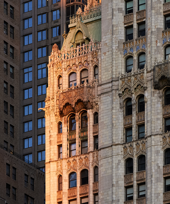 Sunlight across the Woolworth Building's terra-cotta facade