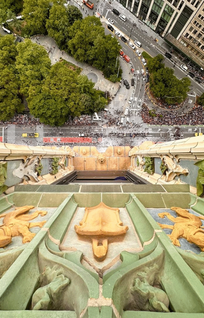 Ticker-tape parade viewed from high above Broadway