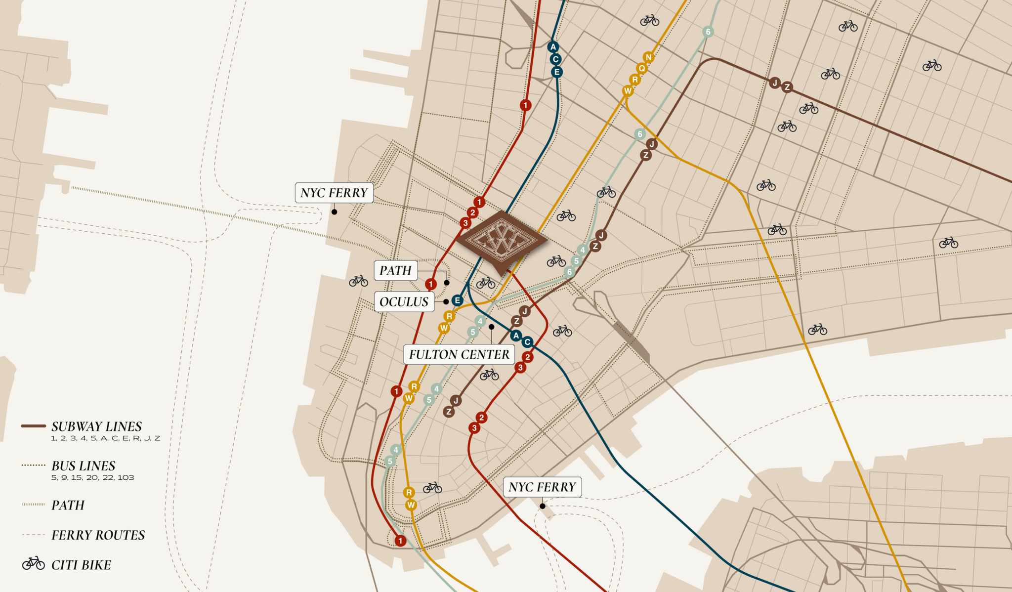 Transit map showing subway, PATH, ferry, and rail connections around 233 Broadway