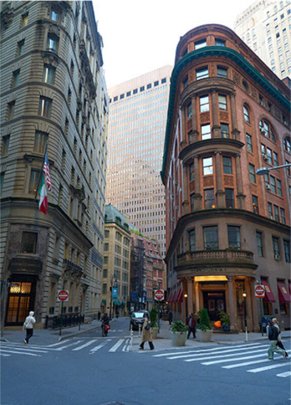 Delmonico's restaurant in its curved corner building in the Financial District