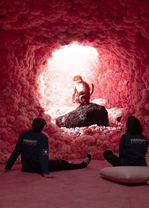 Visitors seated inside a coral-pink immersive installation at Mercer Labs