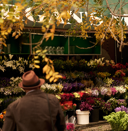 Neighborhood flower stand beneath autumn foliage