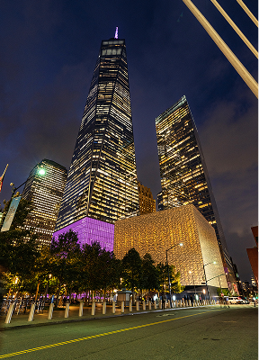 One World Trade Center and the surrounding towers lit at night