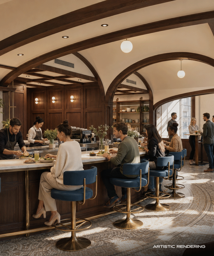 Rendering of the Woolworth lobby cafe and bar