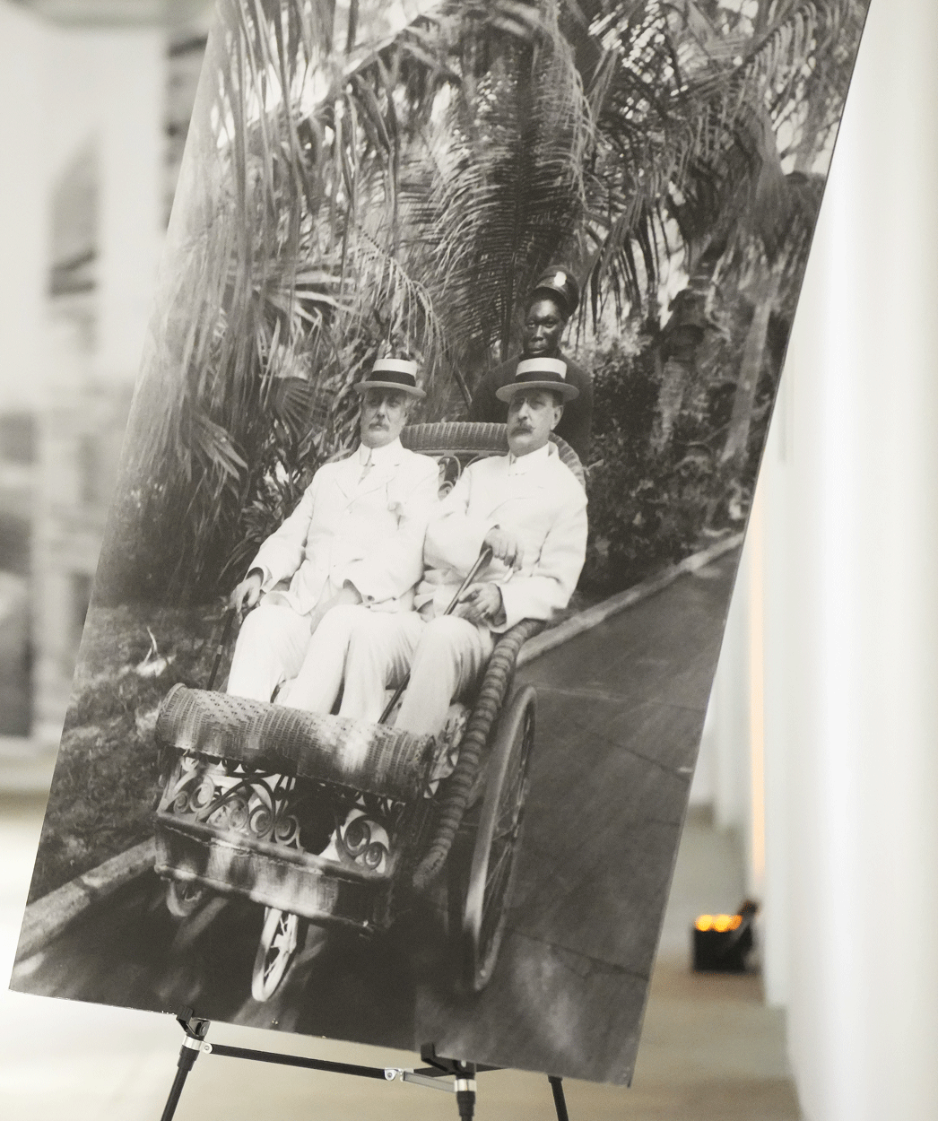 Historic black-and-white photograph displayed at the exhibition