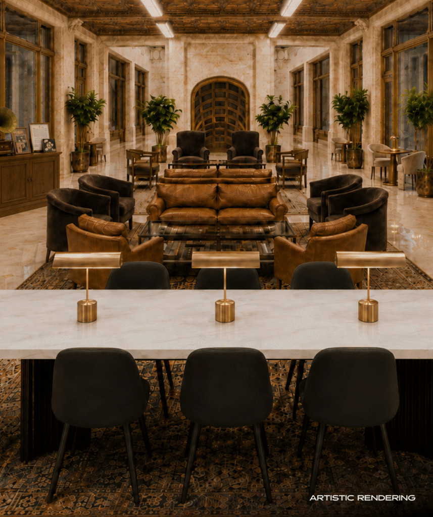 Guild lounge with Gothic woodwork and clustered seating