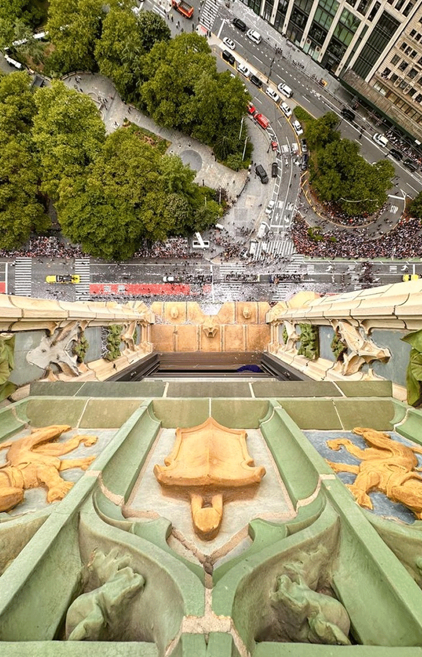 Ticker-tape parade viewed from high above Broadway
