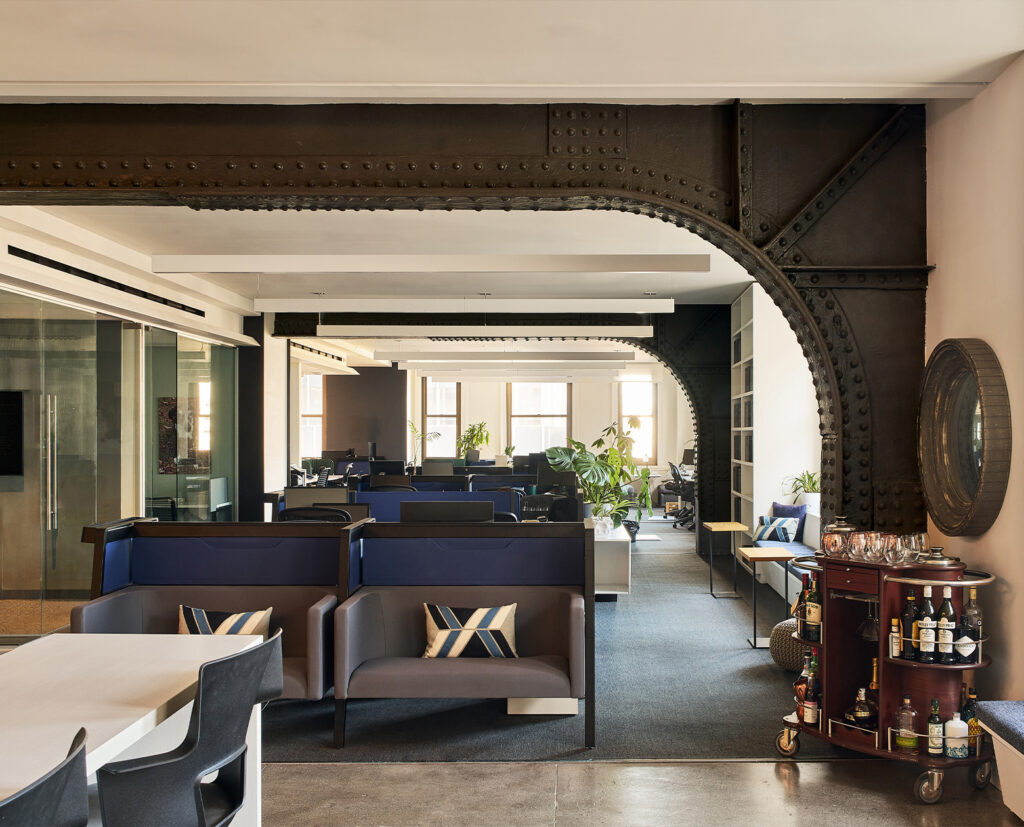 Private office lounge with Gothic structural details